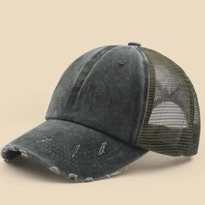 Distressed Gray and Green Mesh Cap